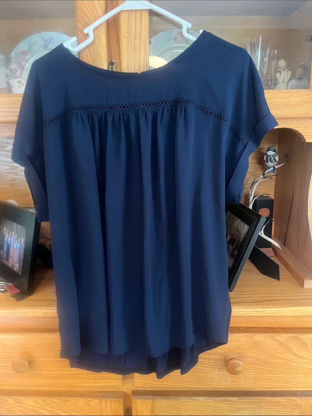 LOFT Navy Short-Sleeve Pintuck Yoke Blouse